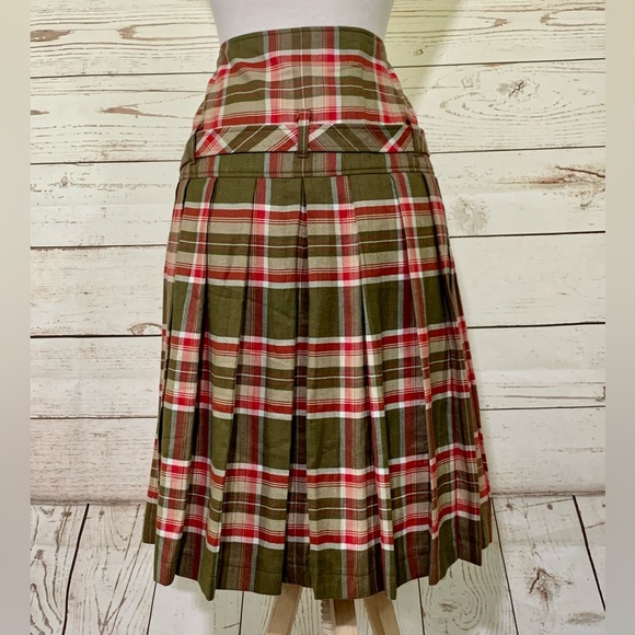 Escada Plaid Tartan Pleated Double Buckle MIDI Skirt Olive Green Red - Picture 3 of 16